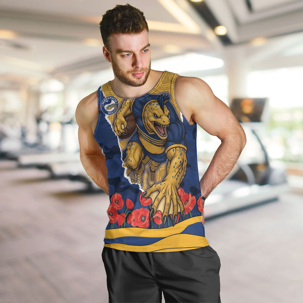 Personalized Parramatta Eels ANZAC Tribute Men Tank Top Poppy Field Soldier Silhouette Aboriginal Rugby Mascot