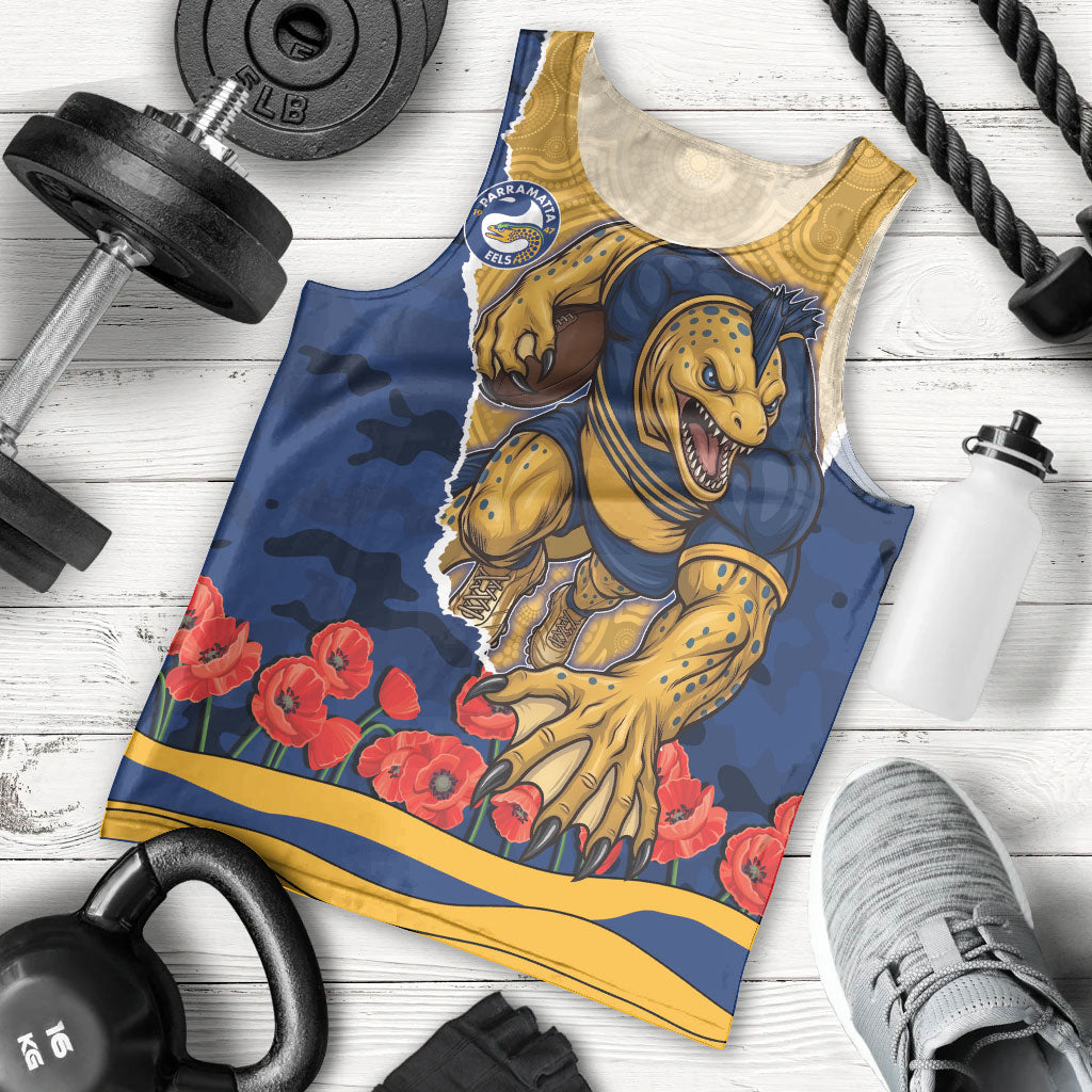 Personalized Parramatta Eels ANZAC Tribute Men Tank Top Poppy Field Soldier Silhouette Aboriginal Rugby Mascot