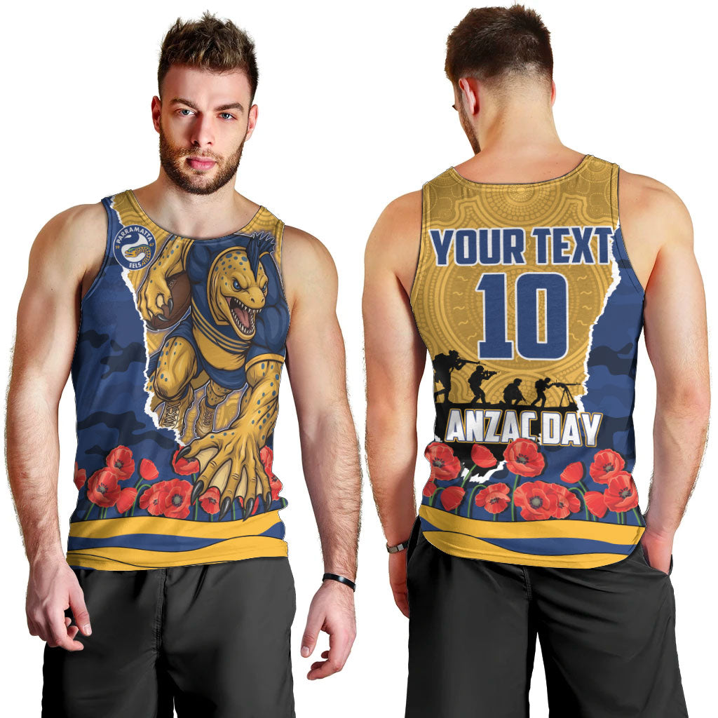 Personalized Parramatta Eels ANZAC Tribute Men Tank Top Poppy Field Soldier Silhouette Aboriginal Rugby Mascot