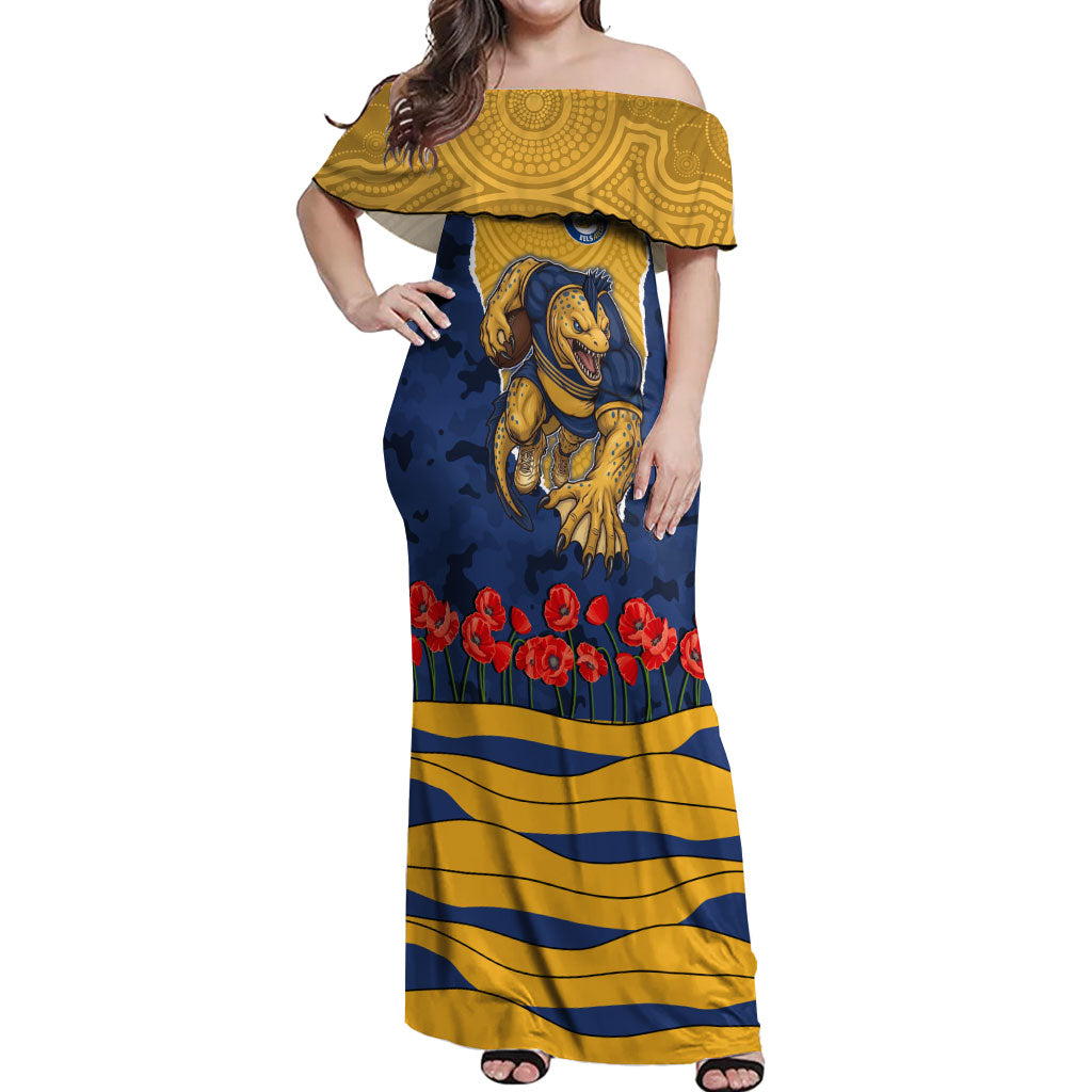 Personalized Parramatta Eels ANZAC Tribute Off Shoulder Maxi Dress Poppy Field Soldier Silhouette Aboriginal Rugby Mascot