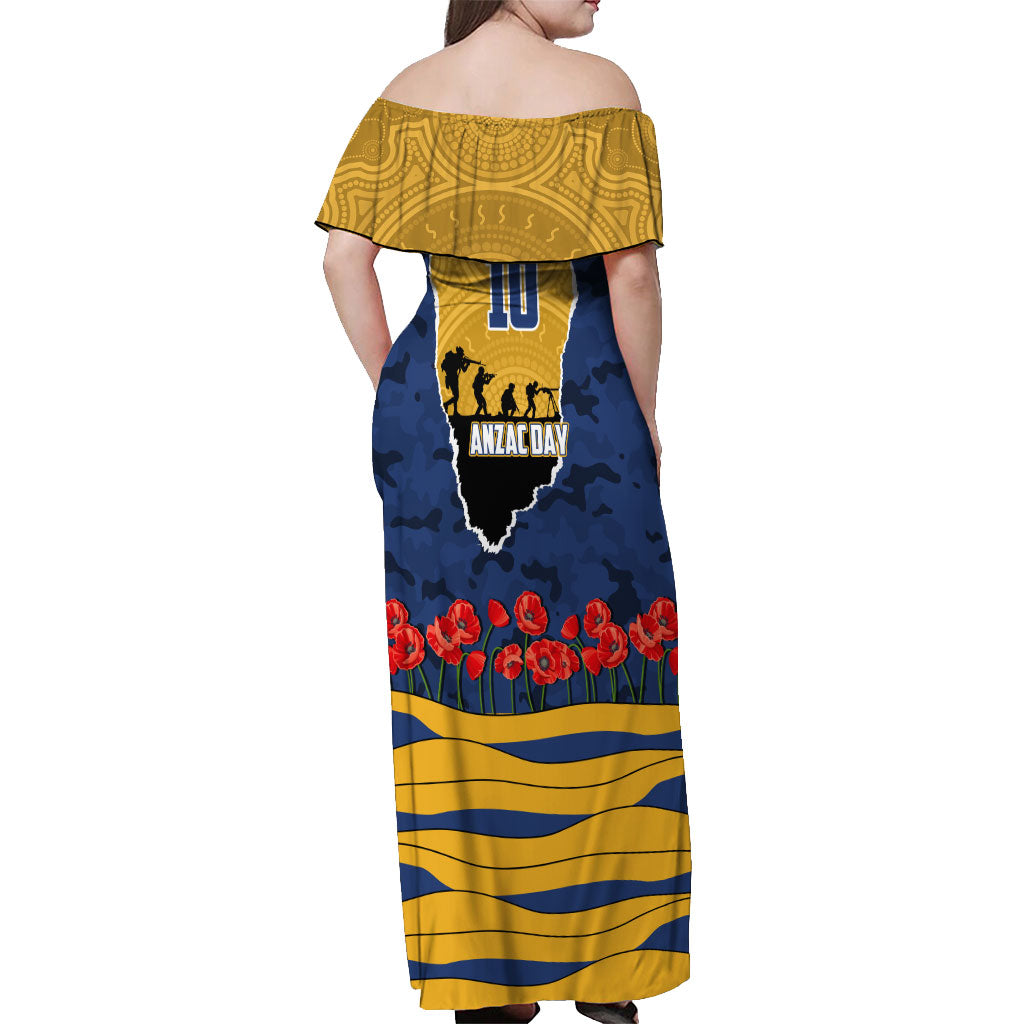 Personalized Parramatta Eels ANZAC Tribute Off Shoulder Maxi Dress Poppy Field Soldier Silhouette Aboriginal Rugby Mascot