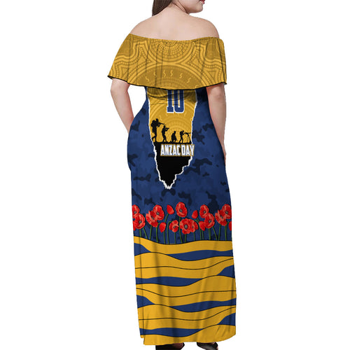 Personalized Parramatta Eels ANZAC Tribute Off Shoulder Maxi Dress Poppy Field Soldier Silhouette Aboriginal Rugby Mascot
