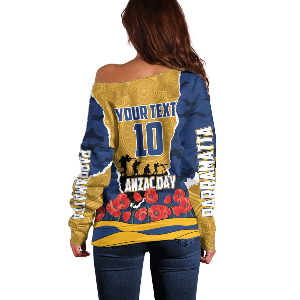 Personalized Parramatta Eels ANZAC Tribute Off Shoulder Sweater Poppy Field Soldier Silhouette Aboriginal Rugby Mascot