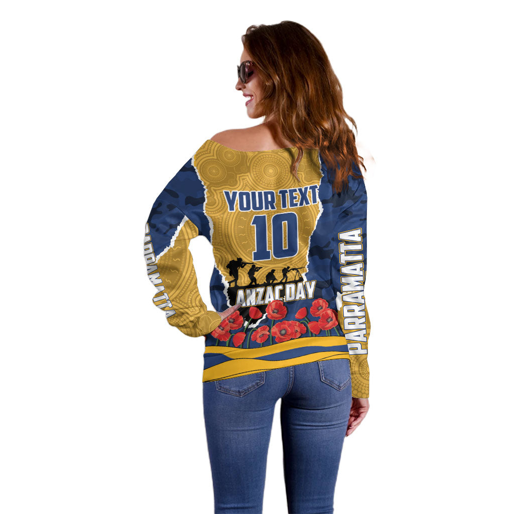 Personalized Parramatta Eels ANZAC Tribute Off Shoulder Sweater Poppy Field Soldier Silhouette Aboriginal Rugby Mascot