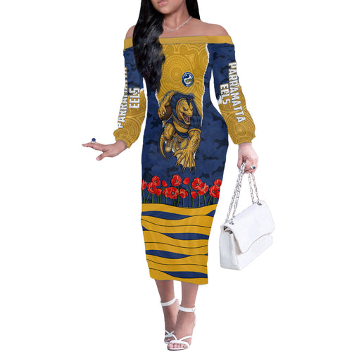 Personalized Parramatta Eels ANZAC Tribute Off The Shoulder Long Sleeve Dress Poppy Field Soldier Silhouette Aboriginal Rugby Mascot