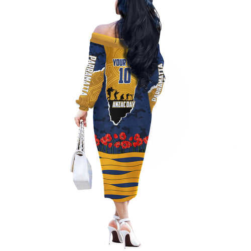 Personalized Parramatta Eels ANZAC Tribute Off The Shoulder Long Sleeve Dress Poppy Field Soldier Silhouette Aboriginal Rugby Mascot