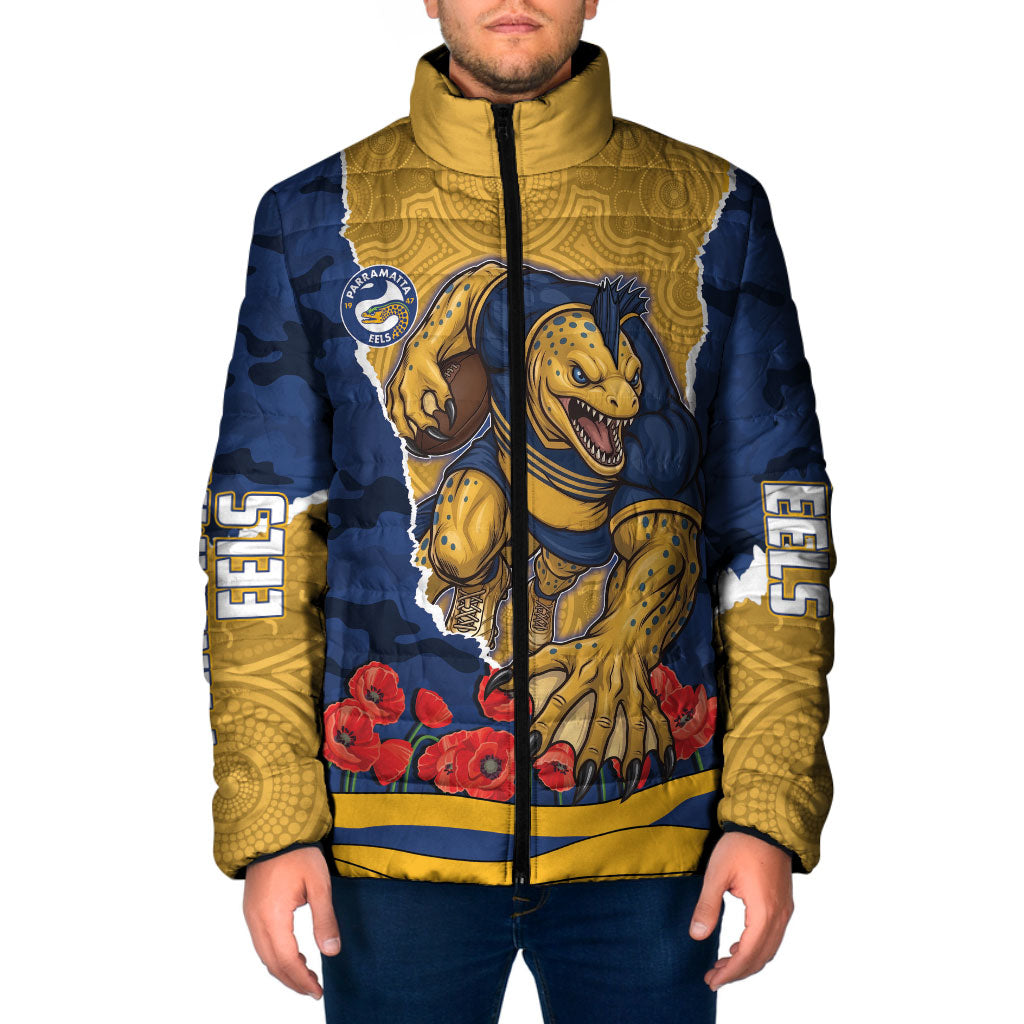 Personalized Parramatta Eels ANZAC Tribute Padded Jacket Poppy Field Soldier Silhouette Aboriginal Rugby Mascot