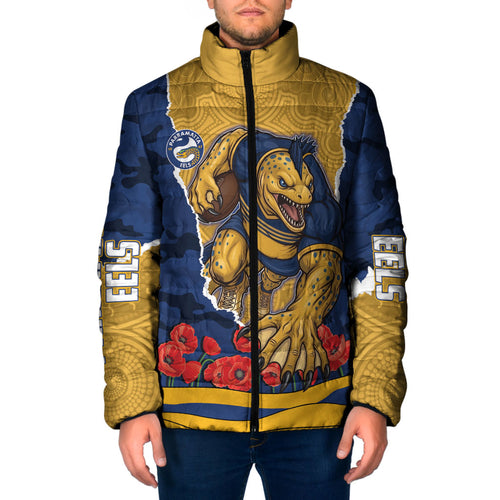 Personalized Parramatta Eels ANZAC Tribute Padded Jacket Poppy Field Soldier Silhouette Aboriginal Rugby Mascot
