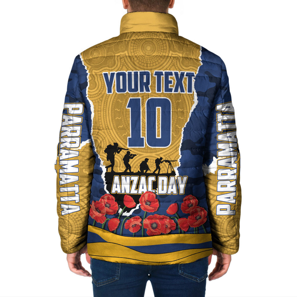 Personalized Parramatta Eels ANZAC Tribute Padded Jacket Poppy Field Soldier Silhouette Aboriginal Rugby Mascot