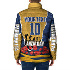Personalized Parramatta Eels ANZAC Tribute Padded Jacket Poppy Field Soldier Silhouette Aboriginal Rugby Mascot