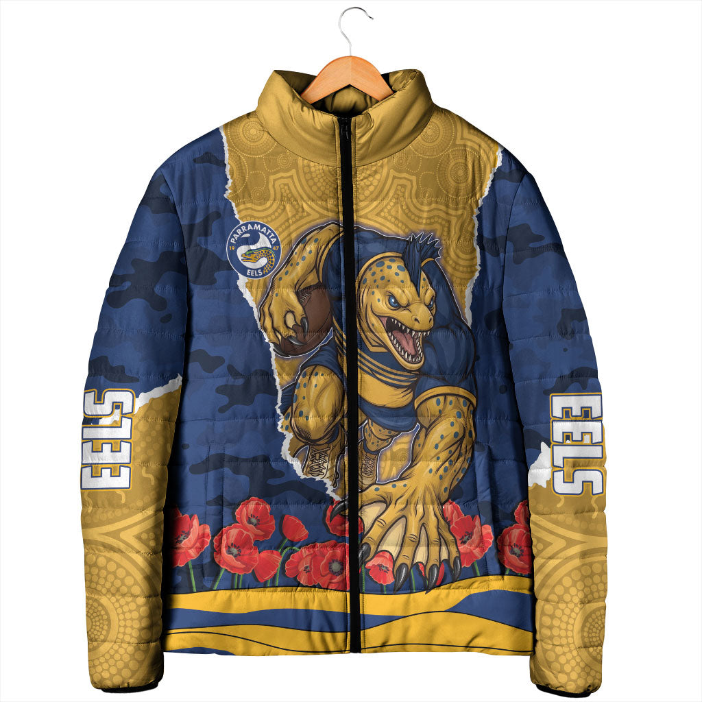 Personalized Parramatta Eels ANZAC Tribute Padded Jacket Poppy Field Soldier Silhouette Aboriginal Rugby Mascot