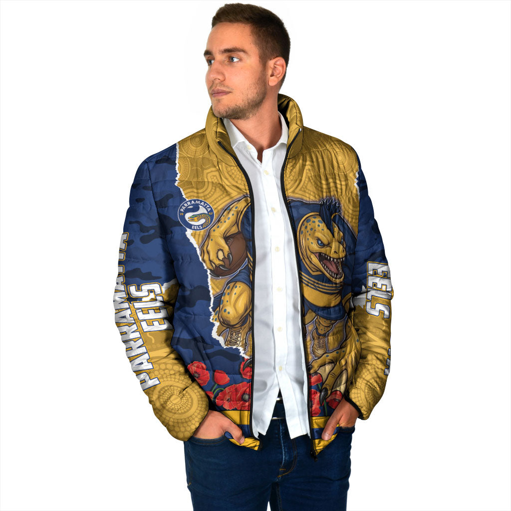 Personalized Parramatta Eels ANZAC Tribute Padded Jacket Poppy Field Soldier Silhouette Aboriginal Rugby Mascot