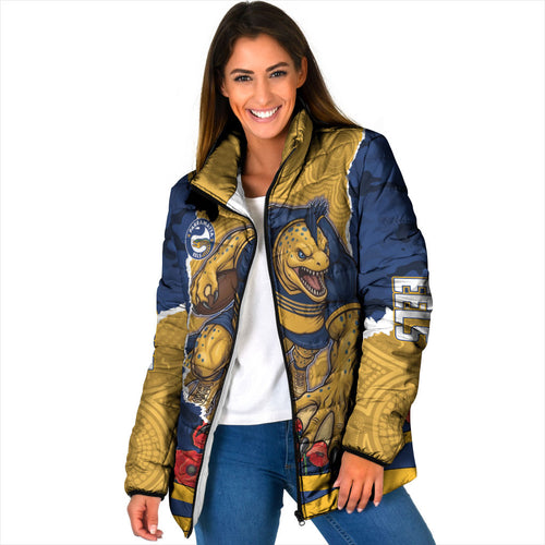 Personalized Parramatta Eels ANZAC Tribute Padded Jacket Poppy Field Soldier Silhouette Aboriginal Rugby Mascot