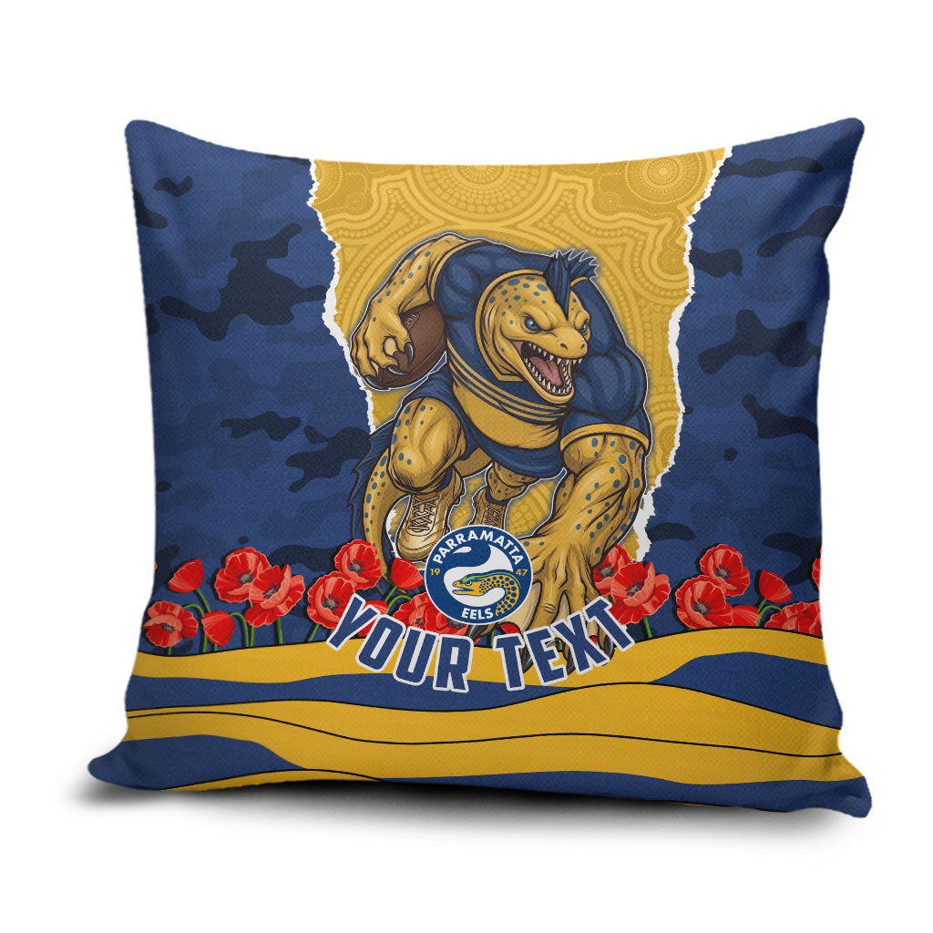 Personalized Parramatta Eels ANZAC Tribute Pillow Cover Poppy Field Soldier Silhouette Aboriginal Rugby Mascot