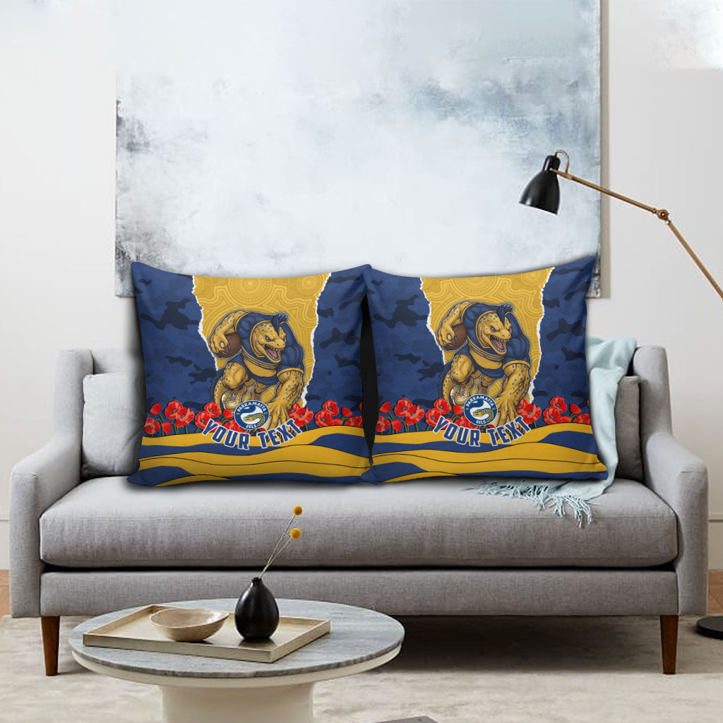 Personalized Parramatta Eels ANZAC Tribute Pillow Cover Poppy Field Soldier Silhouette Aboriginal Rugby Mascot