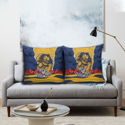 Personalized Parramatta Eels ANZAC Tribute Pillow Cover Poppy Field Soldier Silhouette Aboriginal Rugby Mascot