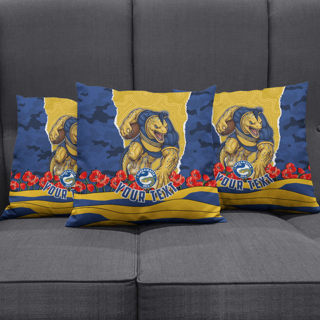 Personalized Parramatta Eels ANZAC Tribute Pillow Cover Poppy Field Soldier Silhouette Aboriginal Rugby Mascot