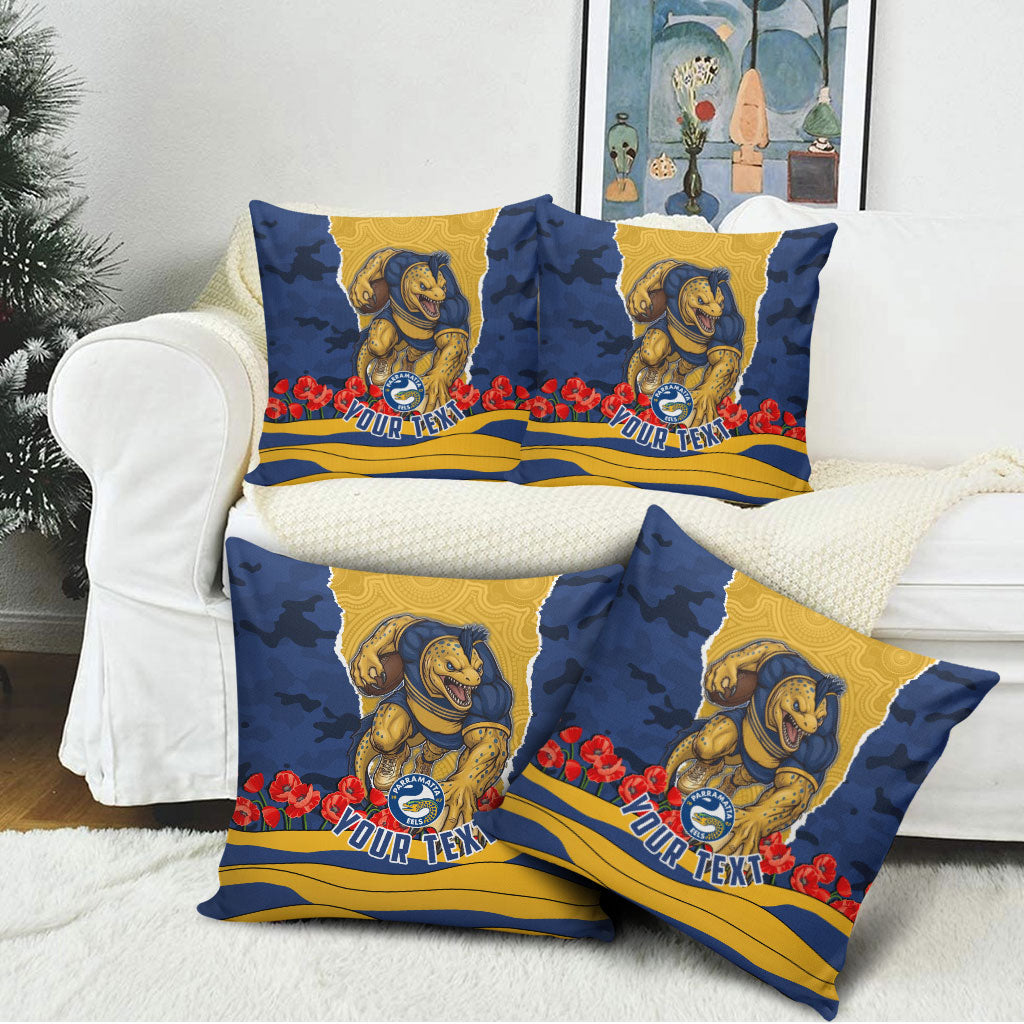 Personalized Parramatta Eels ANZAC Tribute Pillow Cover Poppy Field Soldier Silhouette Aboriginal Rugby Mascot