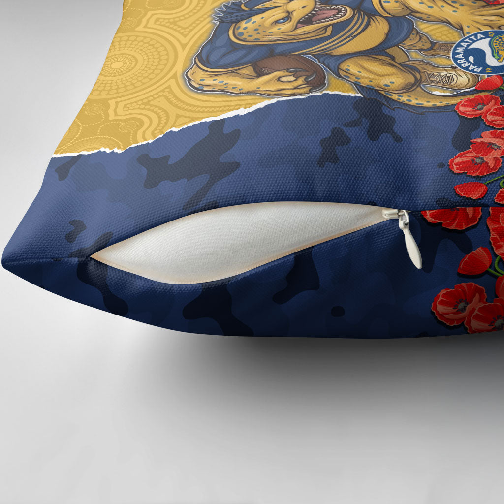 Personalized Parramatta Eels ANZAC Tribute Pillow Cover Poppy Field Soldier Silhouette Aboriginal Rugby Mascot