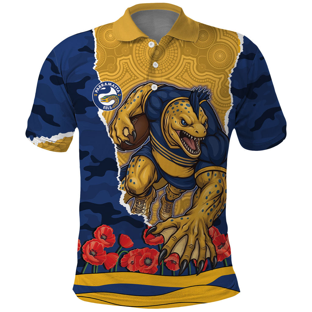 Personalized Parramatta Eels ANZAC Tribute Polo Shirt Poppy Field Soldier Silhouette Aboriginal Rugby Mascot
