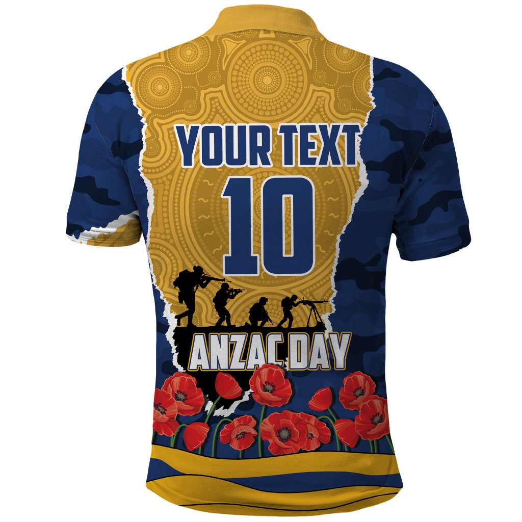 Personalized Parramatta Eels ANZAC Tribute Polo Shirt Poppy Field Soldier Silhouette Aboriginal Rugby Mascot