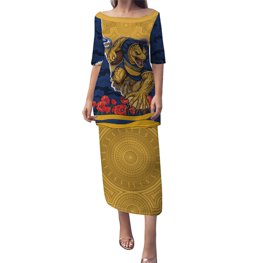 Personalized Parramatta Eels ANZAC Tribute Puletasi Poppy Field Soldier Silhouette Aboriginal Rugby Mascot