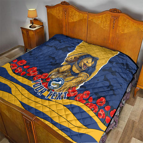 Personalized Parramatta Eels ANZAC Tribute Quilt Poppy Field Soldier Silhouette Aboriginal Rugby Mascot