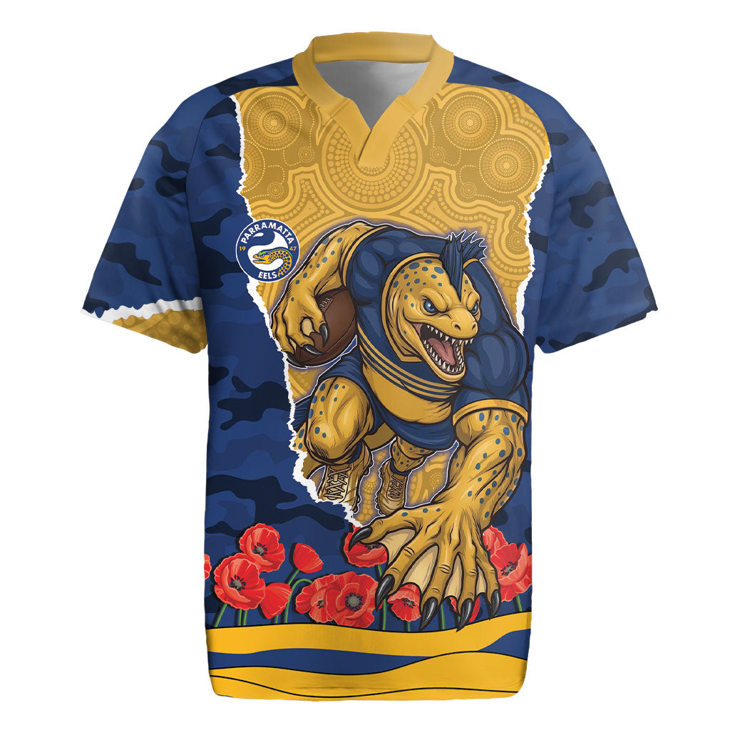 Personalized Parramatta Eels ANZAC Tribute Rugby Jersey Poppy Field Soldier Silhouette Aboriginal Rugby Mascot