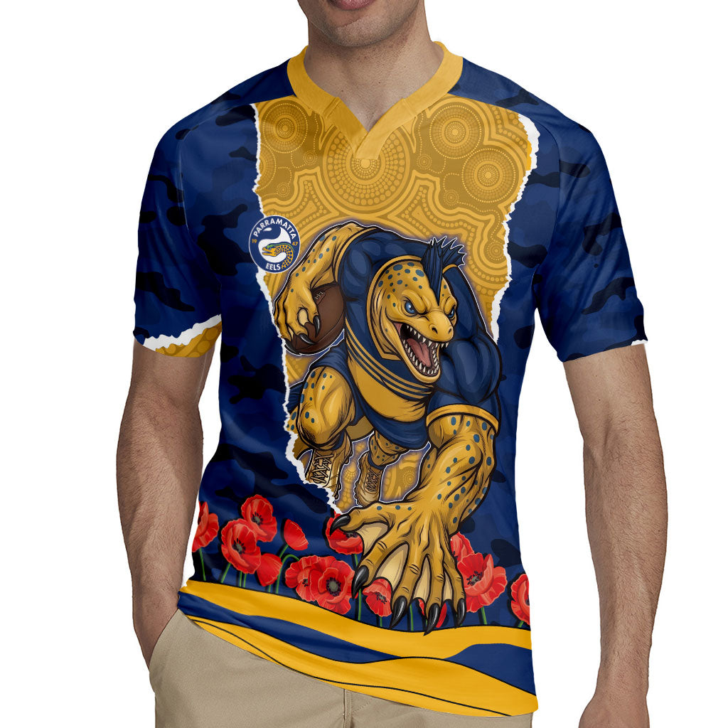 Personalized Parramatta Eels ANZAC Tribute Rugby Jersey Poppy Field Soldier Silhouette Aboriginal Rugby Mascot