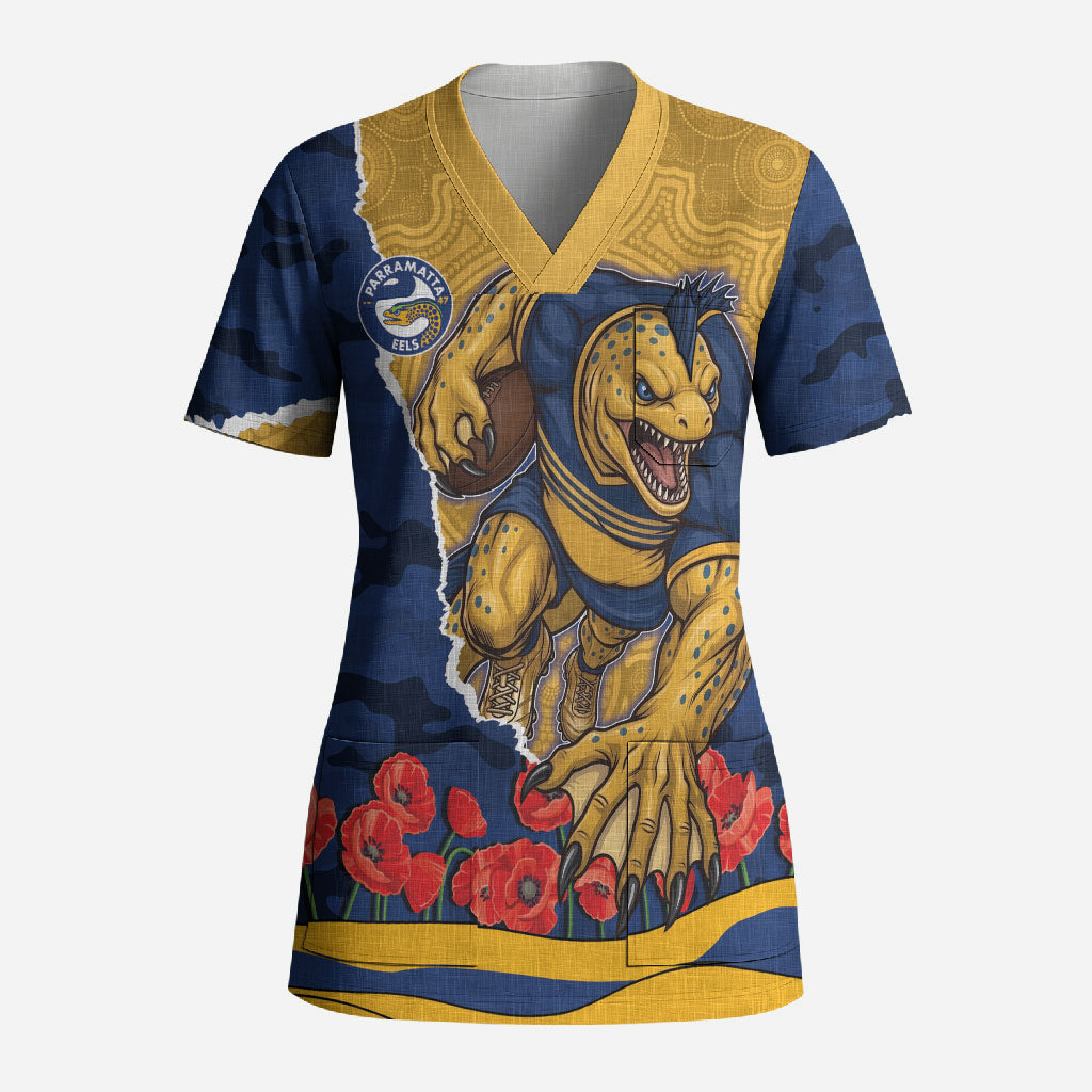 Personalized Parramatta Eels ANZAC Tribute Scrub Top Poppy Field Soldier Silhouette Aboriginal Rugby Mascot