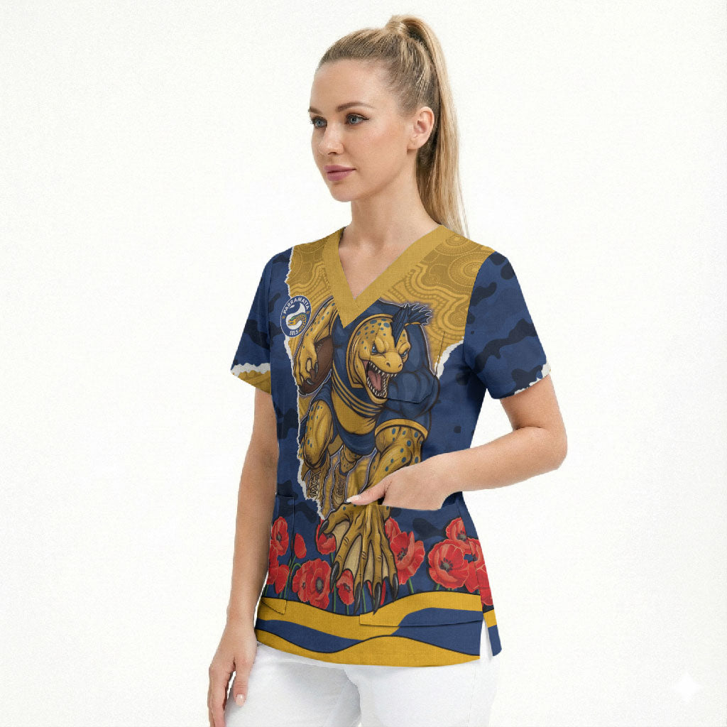 Personalized Parramatta Eels ANZAC Tribute Scrub Top Poppy Field Soldier Silhouette Aboriginal Rugby Mascot