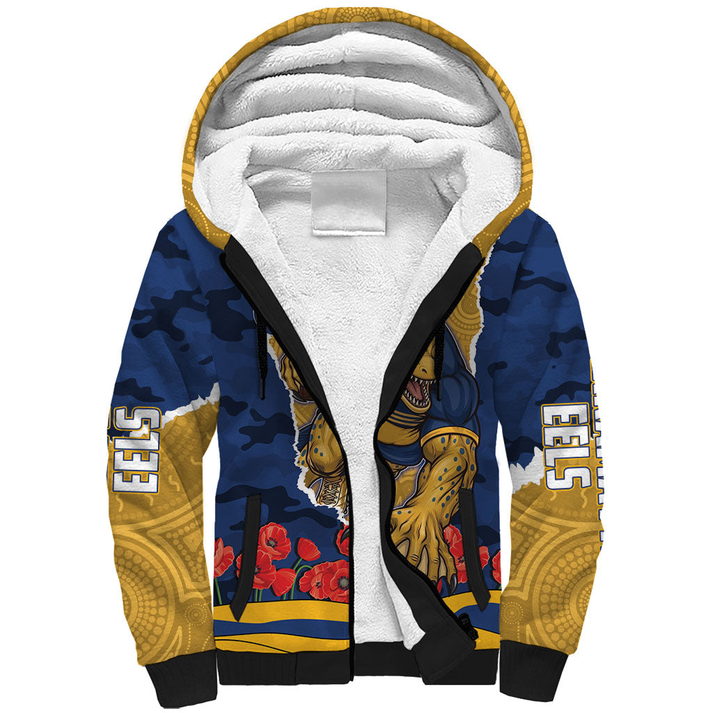 Personalized Parramatta Eels ANZAC Tribute Sherpa Hoodie Poppy Field Soldier Silhouette Aboriginal Rugby Mascot