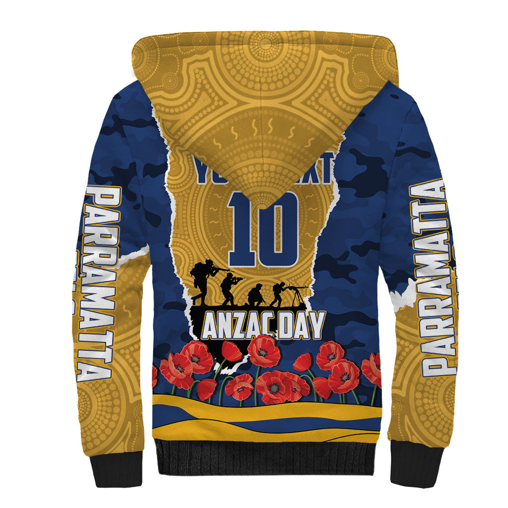 Personalized Parramatta Eels ANZAC Tribute Sherpa Hoodie Poppy Field Soldier Silhouette Aboriginal Rugby Mascot