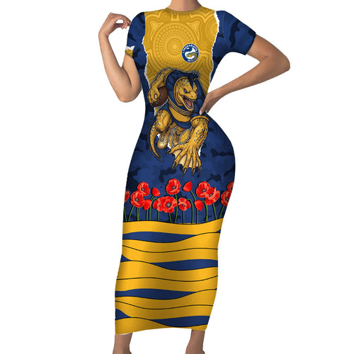 Personalized Parramatta Eels ANZAC Tribute Short Sleeve Bodycon Dress Poppy Field Soldier Silhouette Aboriginal Rugby Mascot