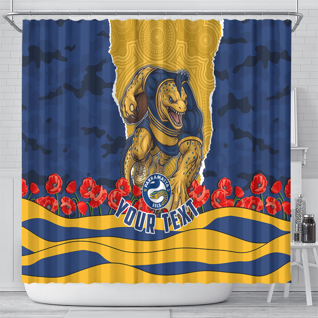 Personalized Parramatta Eels ANZAC Tribute Shower Curtain Poppy Field Soldier Silhouette Aboriginal Rugby Mascot