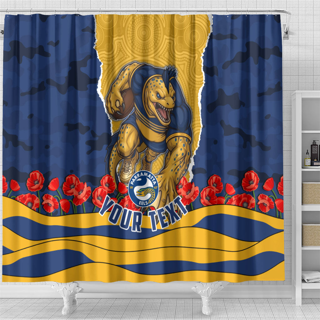 Personalized Parramatta Eels ANZAC Tribute Shower Curtain Poppy Field Soldier Silhouette Aboriginal Rugby Mascot