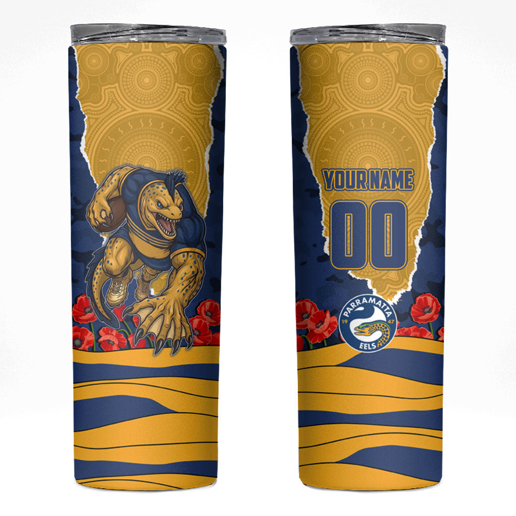 Personalized Parramatta Eels ANZAC Tribute Skinny Tumbler Poppy Field Soldier Silhouette Aboriginal Rugby Mascot