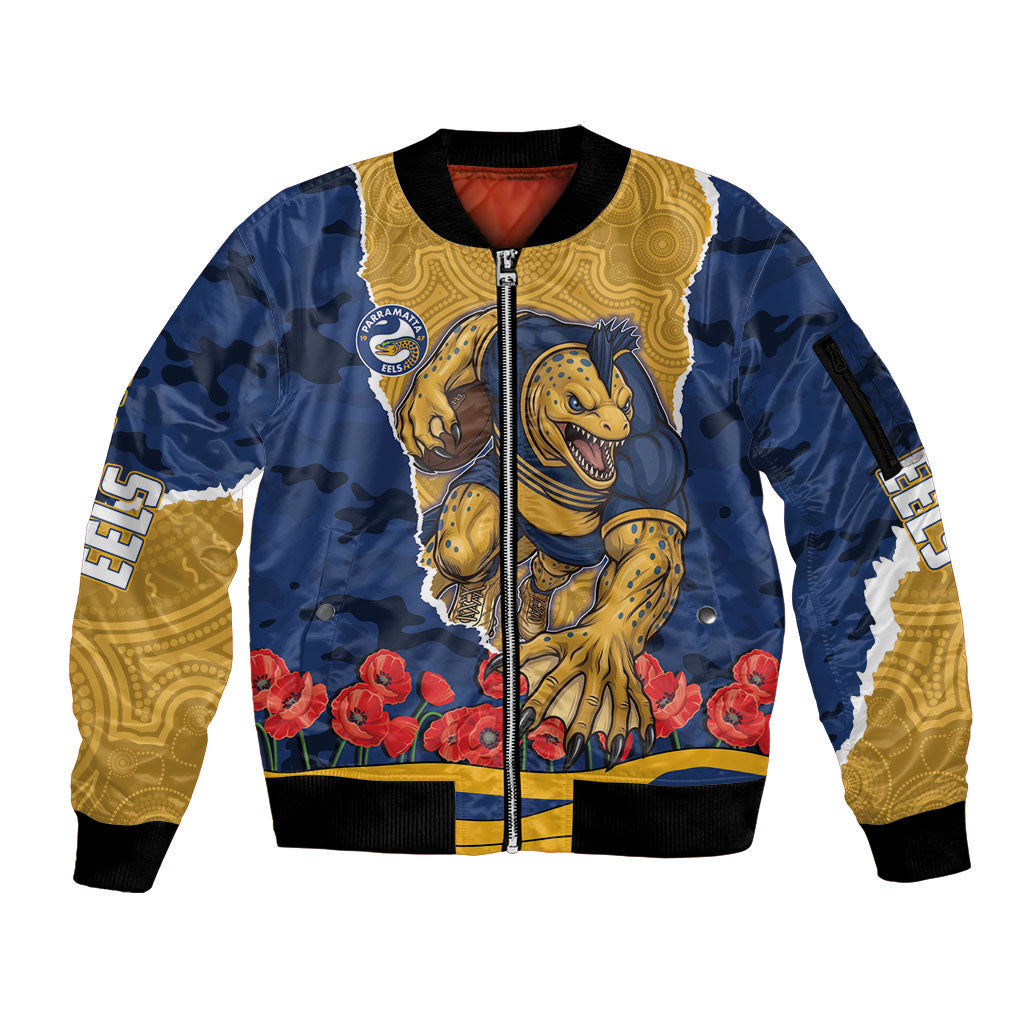 Personalized Parramatta Eels ANZAC Tribute Sleeve Zip Bomber Jacket Poppy Field Soldier Silhouette Aboriginal Rugby Mascot