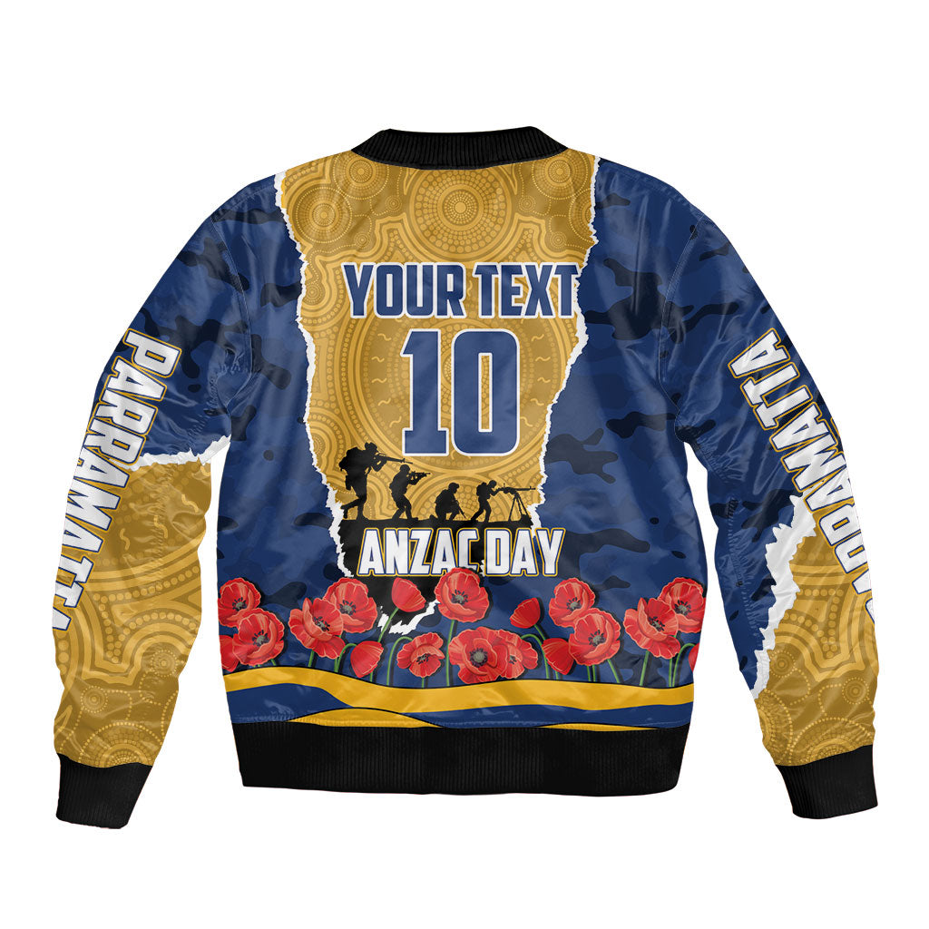 Personalized Parramatta Eels ANZAC Tribute Sleeve Zip Bomber Jacket Poppy Field Soldier Silhouette Aboriginal Rugby Mascot