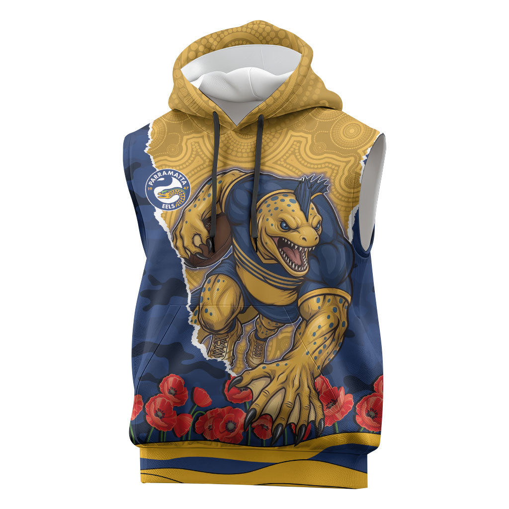 Personalized Parramatta Eels ANZAC Tribute Sleeveless Hoodie Poppy Field Soldier Silhouette Aboriginal Rugby Mascot