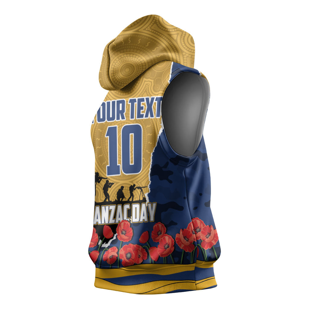Personalized Parramatta Eels ANZAC Tribute Sleeveless Hoodie Poppy Field Soldier Silhouette Aboriginal Rugby Mascot
