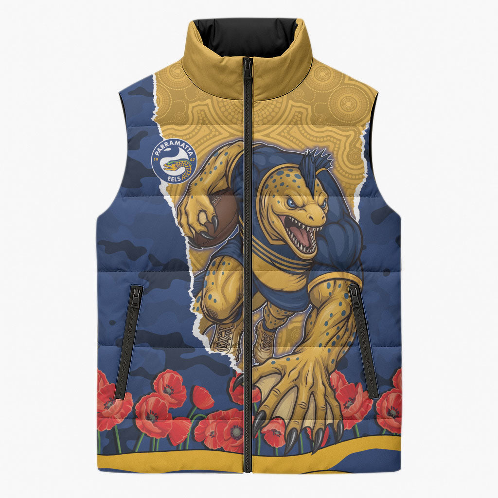 Personalized Parramatta Eels ANZAC Tribute Sleeveless Puffer Jacket Poppy Field Soldier Silhouette Aboriginal Rugby Mascot