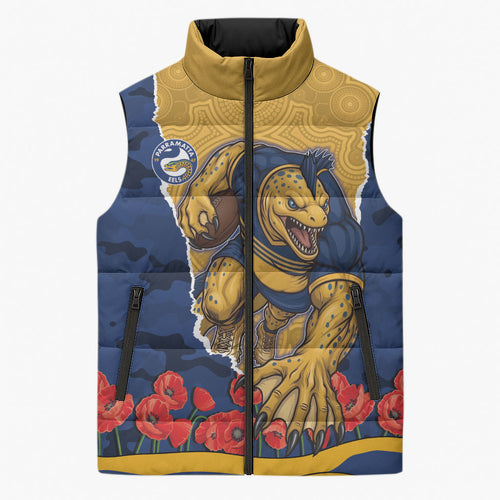 Personalized Parramatta Eels ANZAC Tribute Sleeveless Puffer Jacket Poppy Field Soldier Silhouette Aboriginal Rugby Mascot