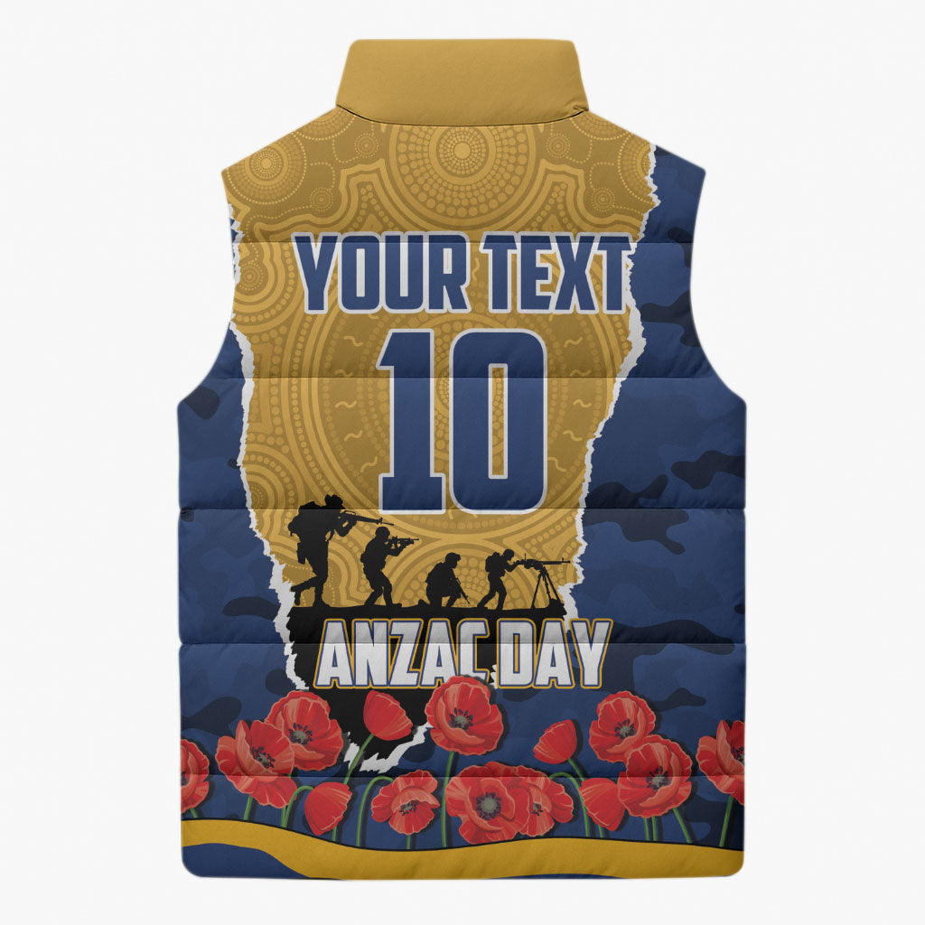Personalized Parramatta Eels ANZAC Tribute Sleeveless Puffer Jacket Poppy Field Soldier Silhouette Aboriginal Rugby Mascot
