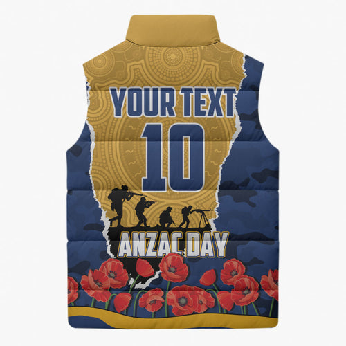 Personalized Parramatta Eels ANZAC Tribute Sleeveless Puffer Jacket Poppy Field Soldier Silhouette Aboriginal Rugby Mascot