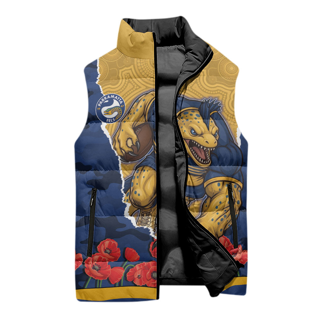 Personalized Parramatta Eels ANZAC Tribute Sleeveless Puffer Jacket Poppy Field Soldier Silhouette Aboriginal Rugby Mascot