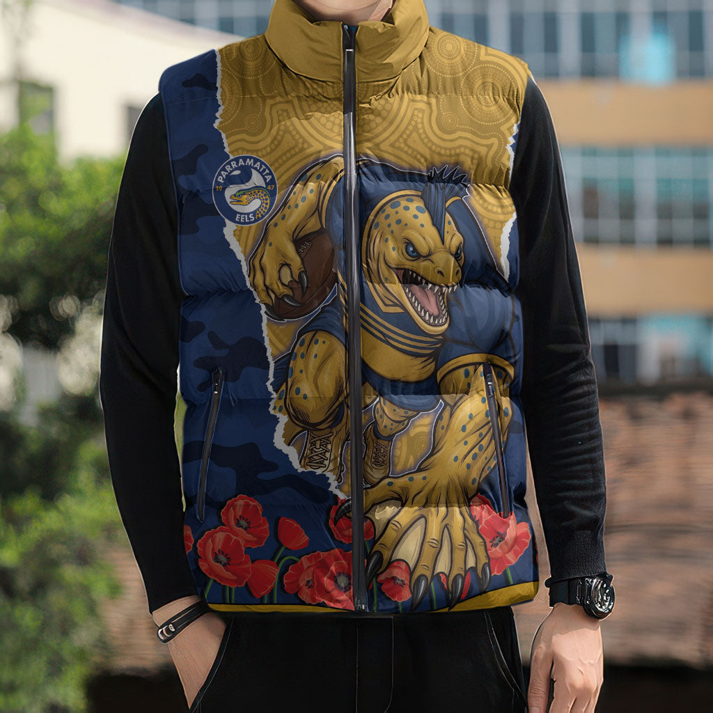 Personalized Parramatta Eels ANZAC Tribute Sleeveless Puffer Jacket Poppy Field Soldier Silhouette Aboriginal Rugby Mascot