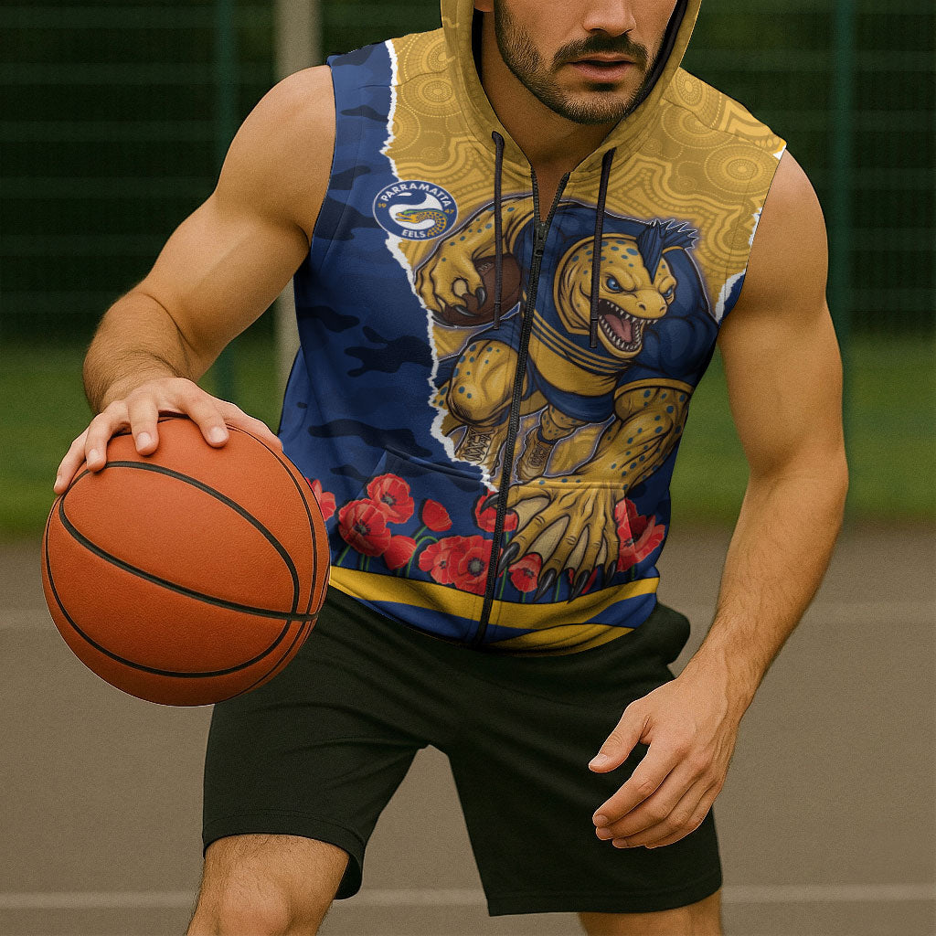 Personalized Parramatta Eels ANZAC Tribute Sleeveless Zip Hoodie Poppy Field Soldier Silhouette Aboriginal Rugby Mascot