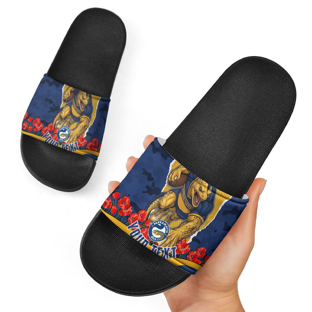 Personalized Parramatta Eels ANZAC Tribute Slide Sandals Poppy Field Soldier Silhouette Aboriginal Rugby Mascot