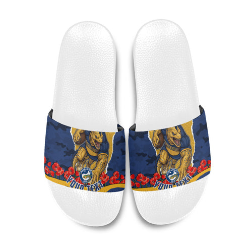 Personalized Parramatta Eels ANZAC Tribute Slide Sandals Poppy Field Soldier Silhouette Aboriginal Rugby Mascot